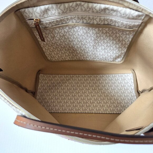 Michael Kors Large Logo Stripe Vanilla Pink Zip Top Tote Travel Bag - Picture 14 of 16